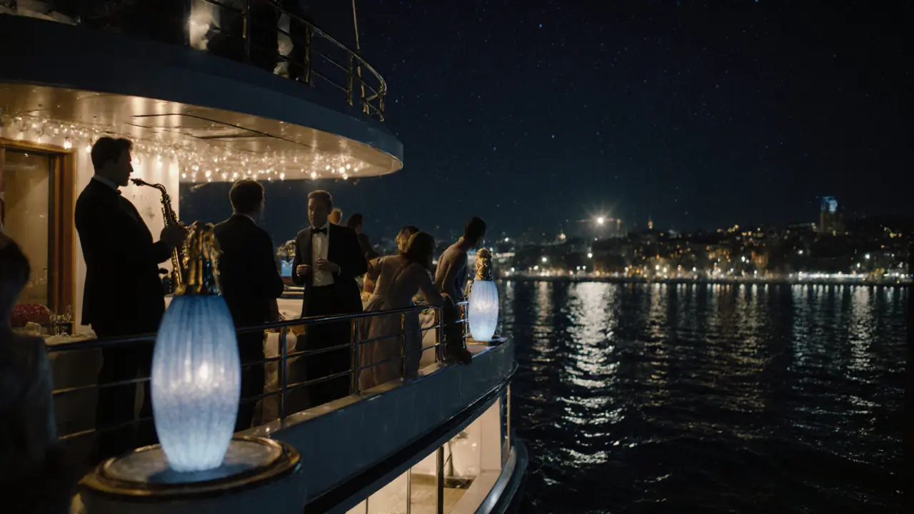 Luxury yacht party at Port Hercules with saxophonist and city lights on water.
