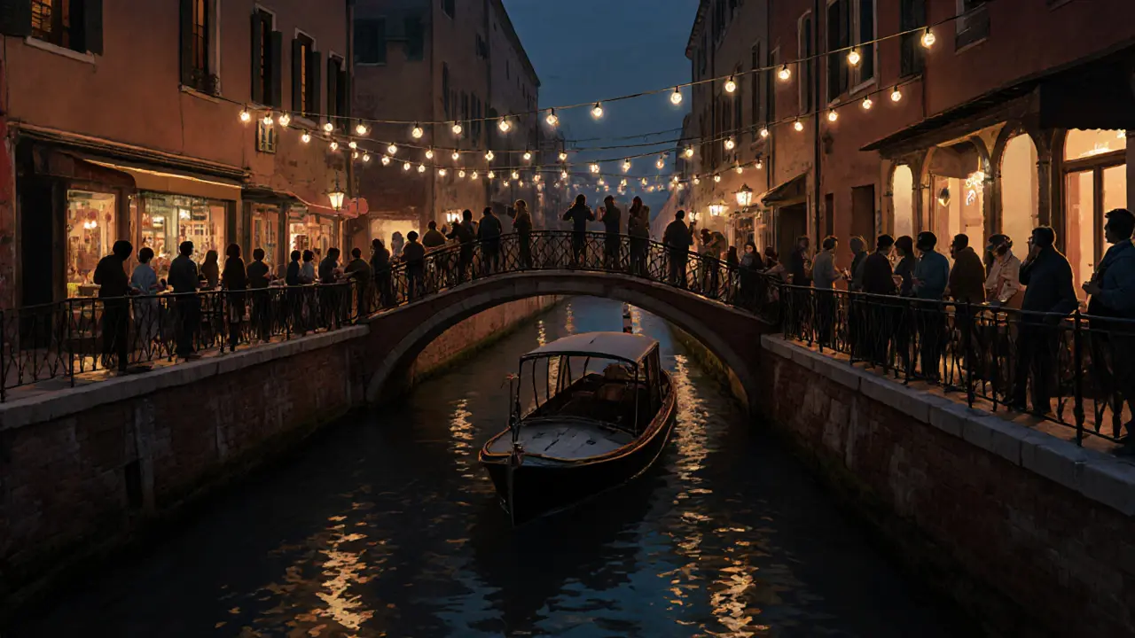 Nighttime Navigli canal with string lights, terraces, and a boat reflecting on dark water.