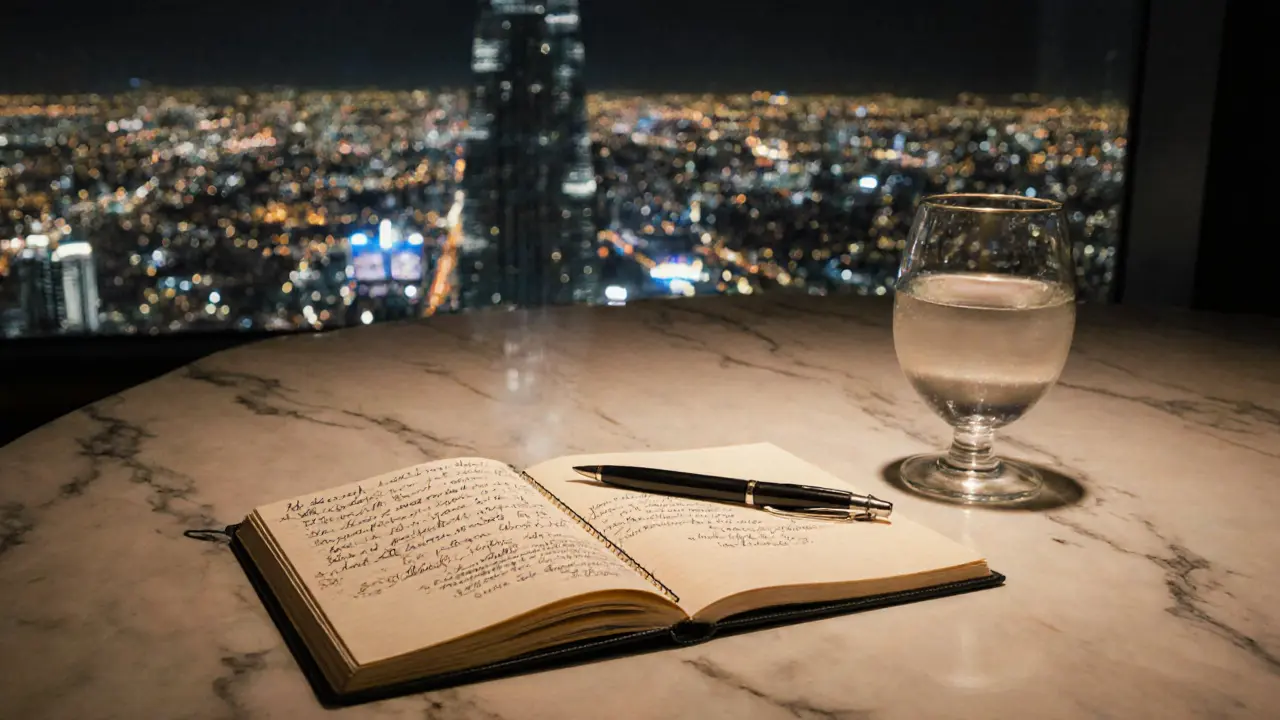 Open notebook with handwritten memories on a table at Burj Khalifa's At.mosphere restaurant.