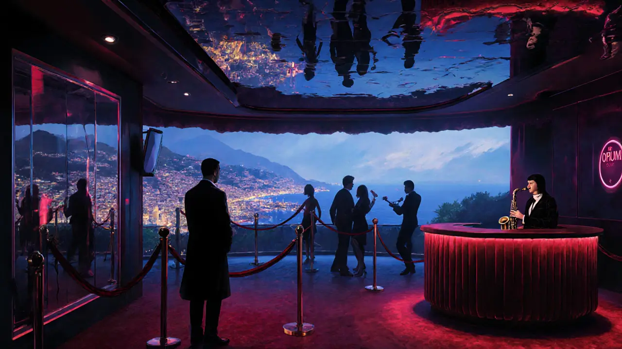 Opium nightclub interior with mirrored ceiling and glowing coast view from the hills.