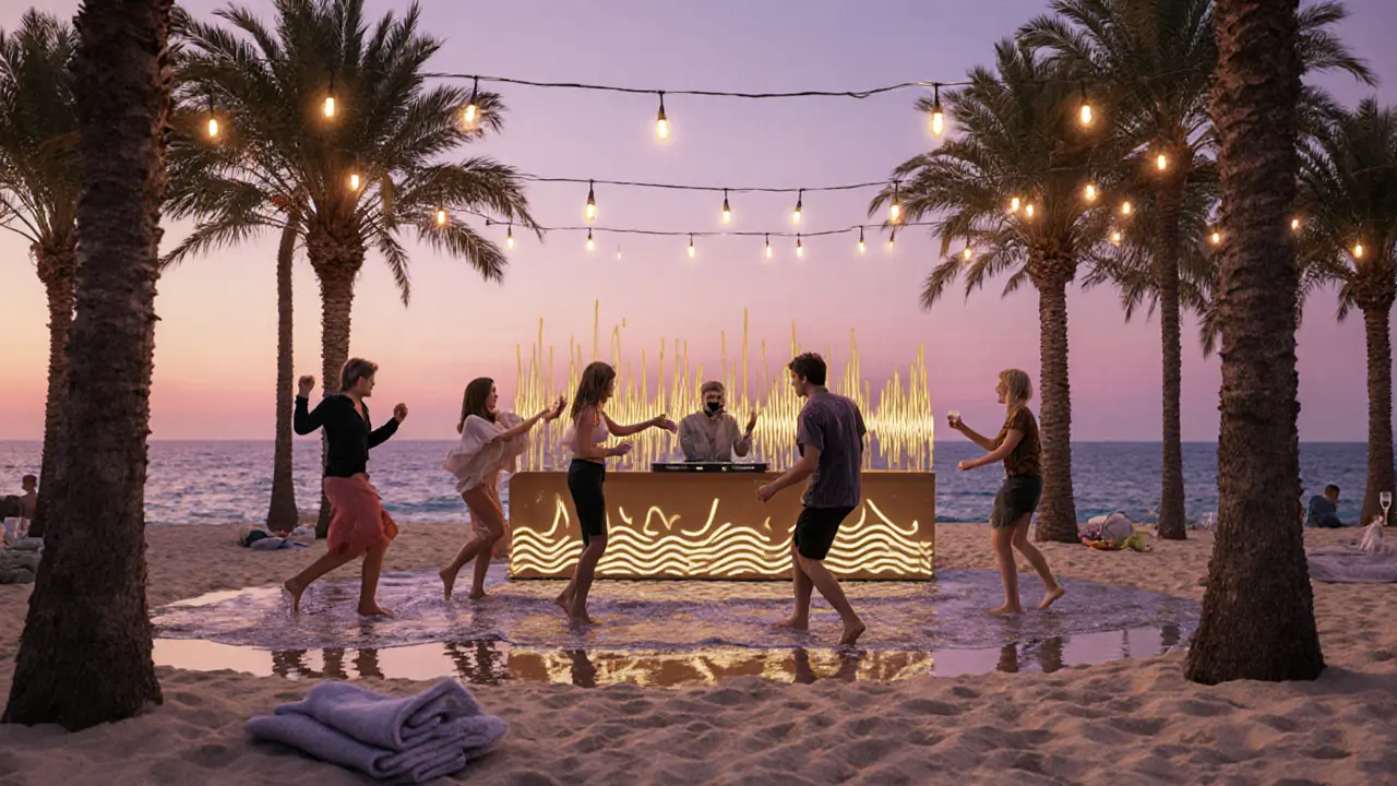 People dancing barefoot on the beach at Club 55 as sunrise paints the sky pink and gold.