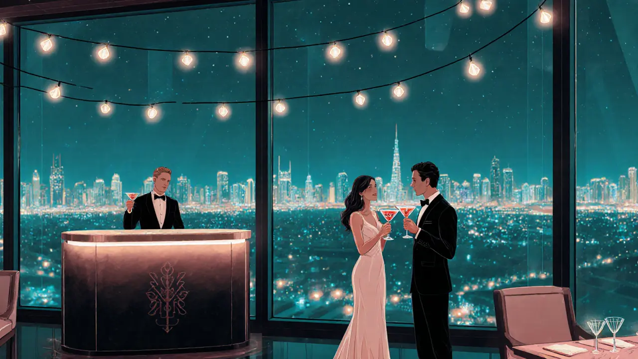 People enjoying martinis on a rooftop bar with a glittering city skyline in the background.