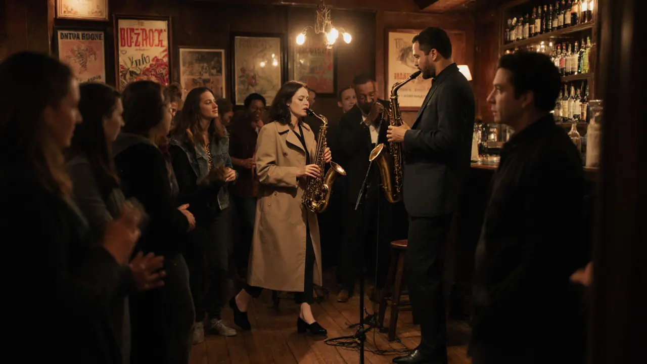 People listening to live jazz at Camden's Jazz Café, bathed in warm amber light.