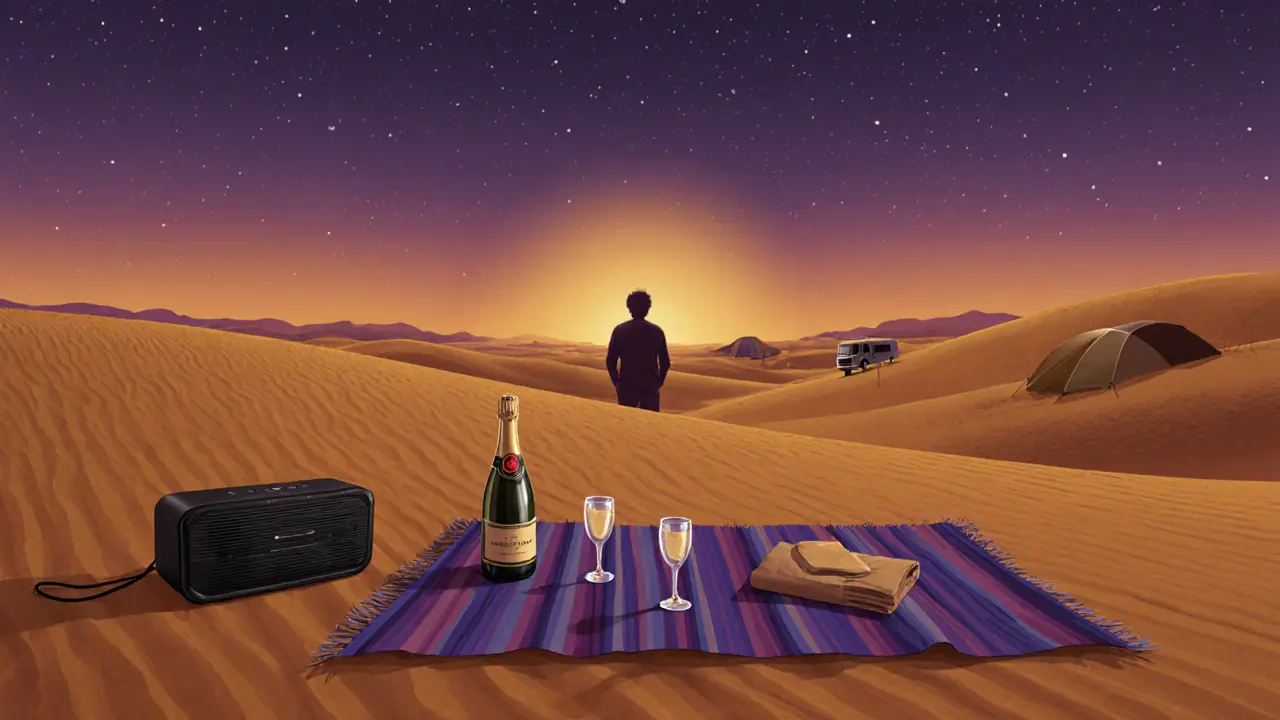 Quiet desert picnic at dusk with champagne, blanket, and golden dunes under a starry sky.