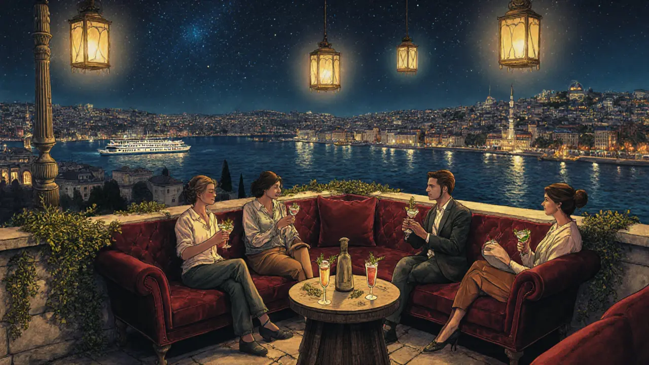Secret rooftop bar with velvet couches and lanterns, overlooking Istanbul’s glittering city lights and the Bosphorus.