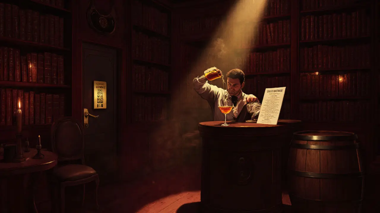 Secret speakeasy with bookshelves, warm lighting, and a bartender pouring a smoky artisanal cocktail.