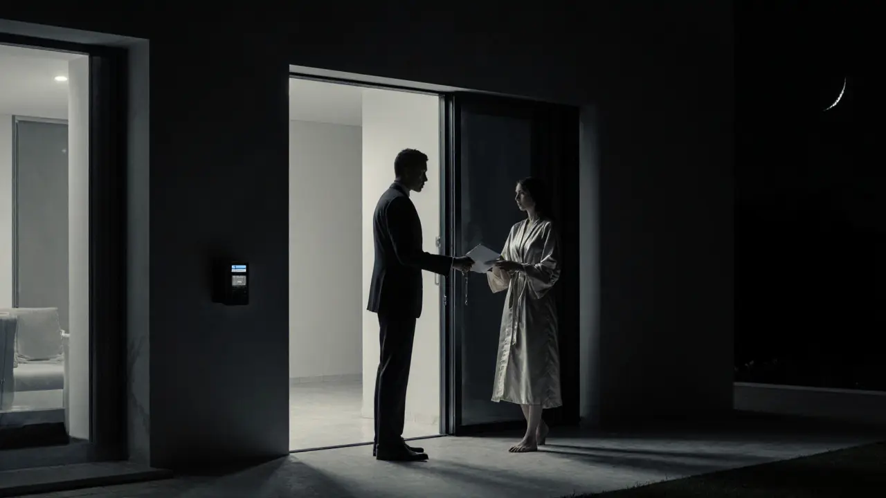 Shadowy figures exchanging an envelope at the entrance of a high-end villa, night, no faces visible.