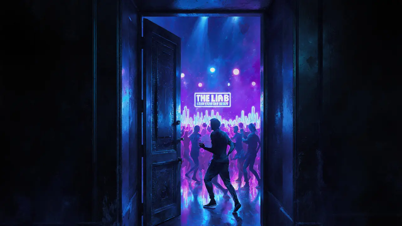 Silhouettes of dancers inside a hidden underground club with moody blue-violet lighting.