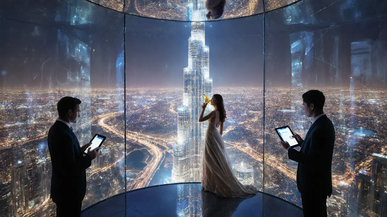 Sky-high lounge at Cielo with Burj Khalifa glowing below, woman sipping gold-leaf cocktail amid city lights.