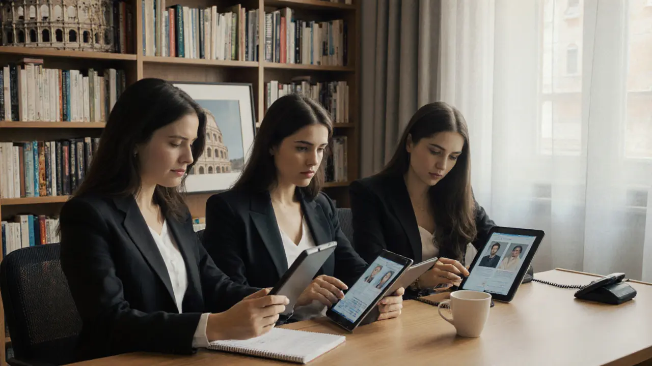 Three professional women review client profiles in a discreet Milan agency office with natural light and art books.