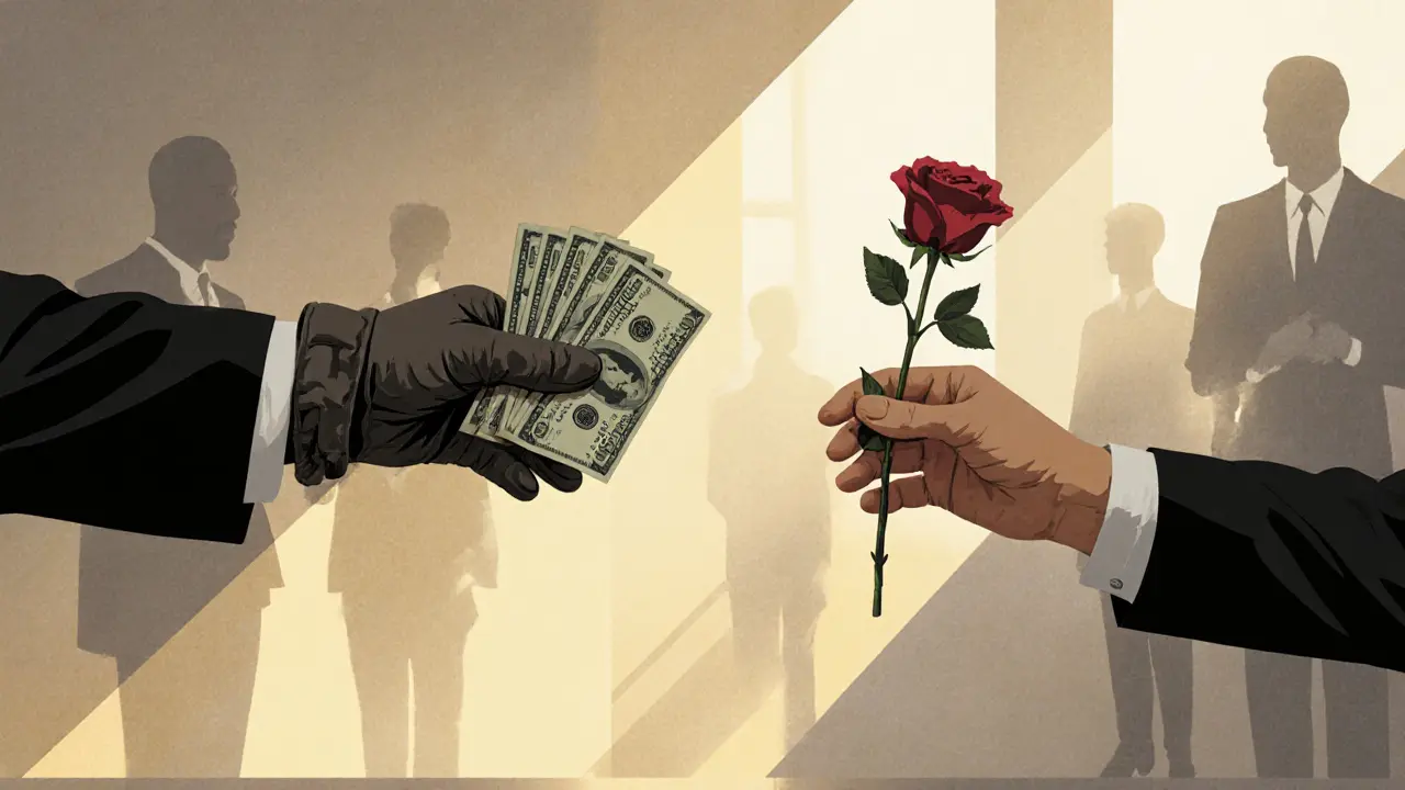Two hands reaching for each other — one holding cash, the other a rose — in a softly lit room.