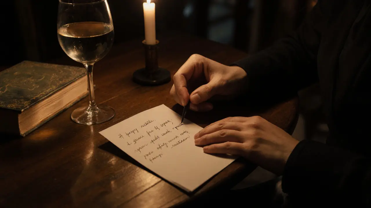 Two hands rest near a handwritten note and candlelight on a wooden table in a cozy London café.
