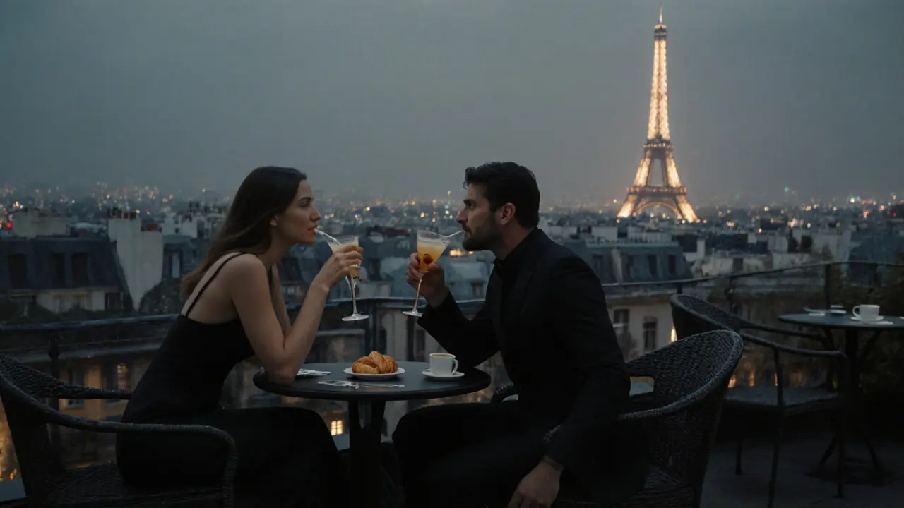Two people on a quiet rooftop at dawn, sipping cocktails with the Eiffel Tower in the distance.