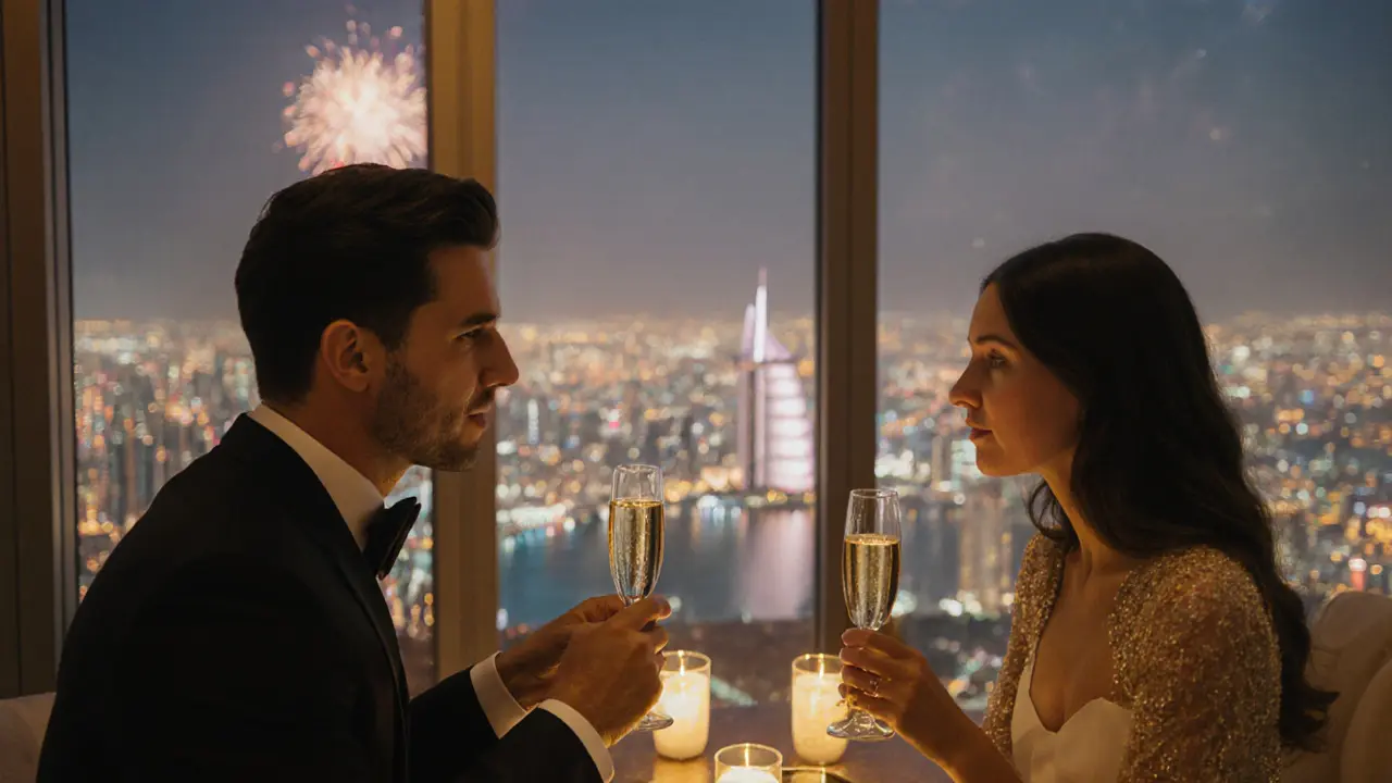 Two people share champagne on a luxury rooftop lounge, city lights sparkling in the background.