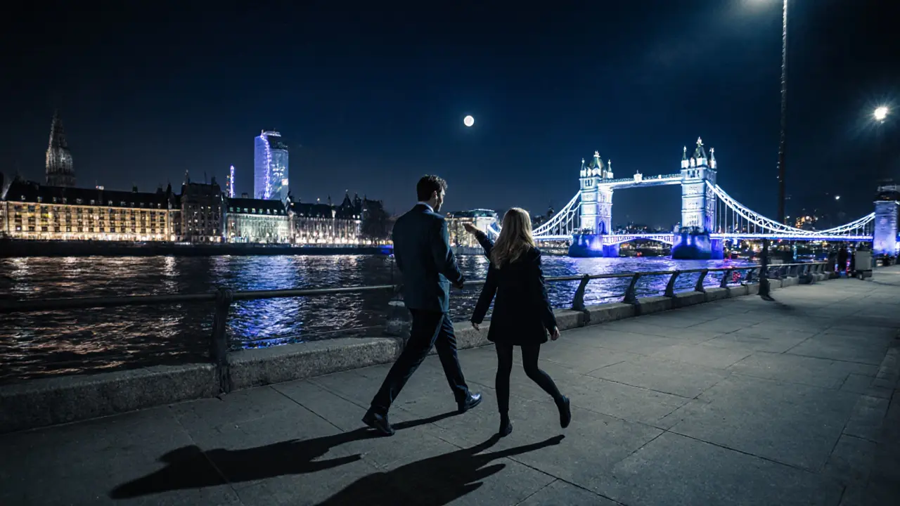 Two people walking peacefully along the Thames at night, city lights reflecting on the water.