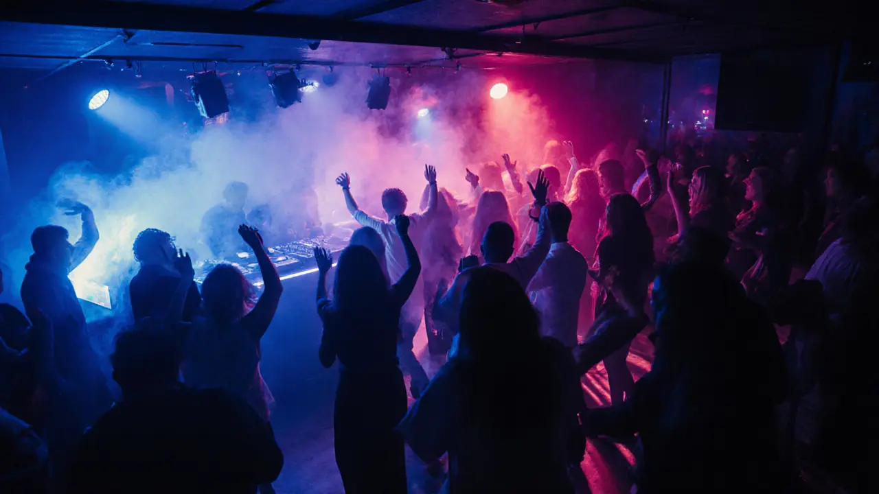 Underground club with moody lighting and dancers moving to deep house music in a smoky room.