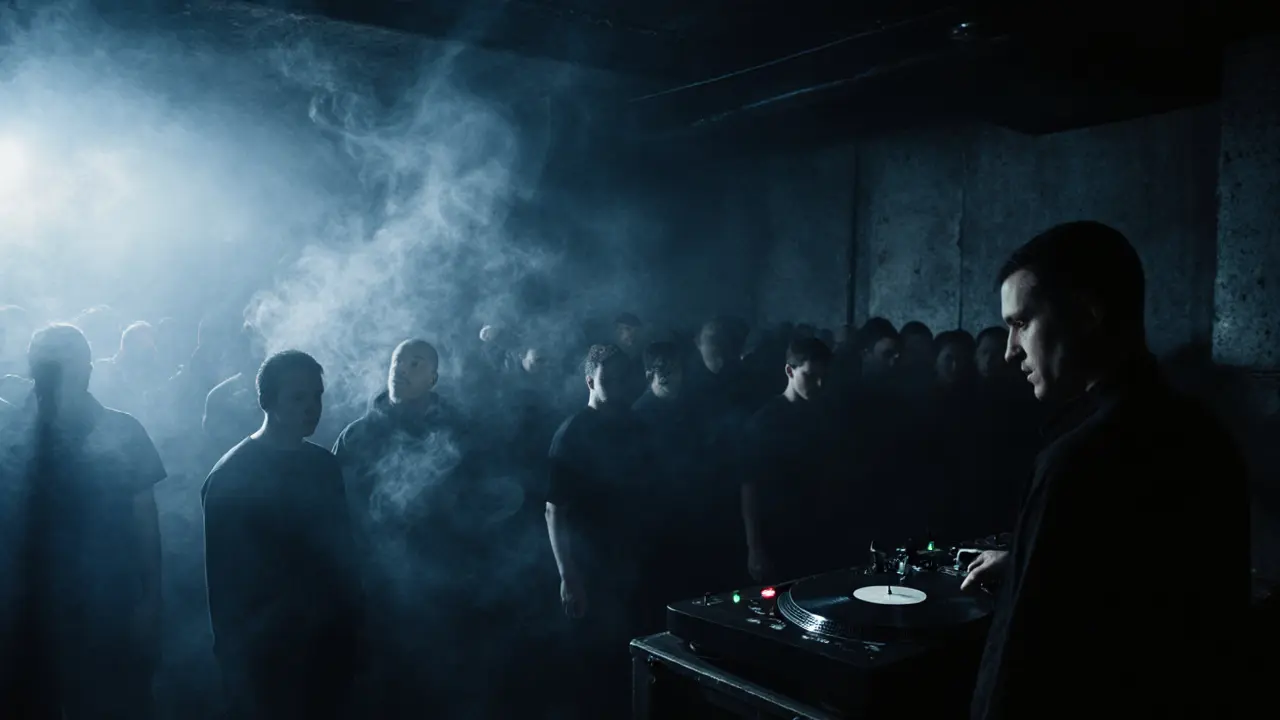 Underground techno club basement with moody lighting and immersive sound vibrations.