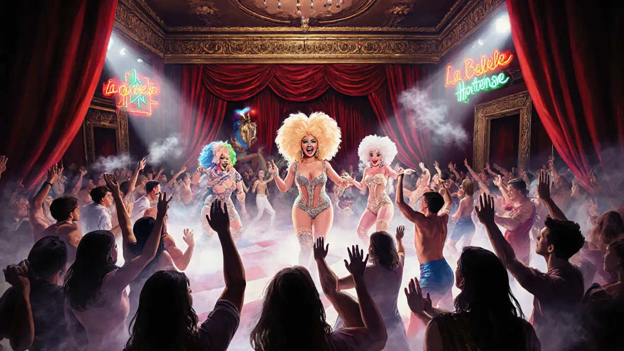 Vibrant drag performance on a crowded dance floor at La Belle Hortense, glitter and neon lights illuminating the scene.