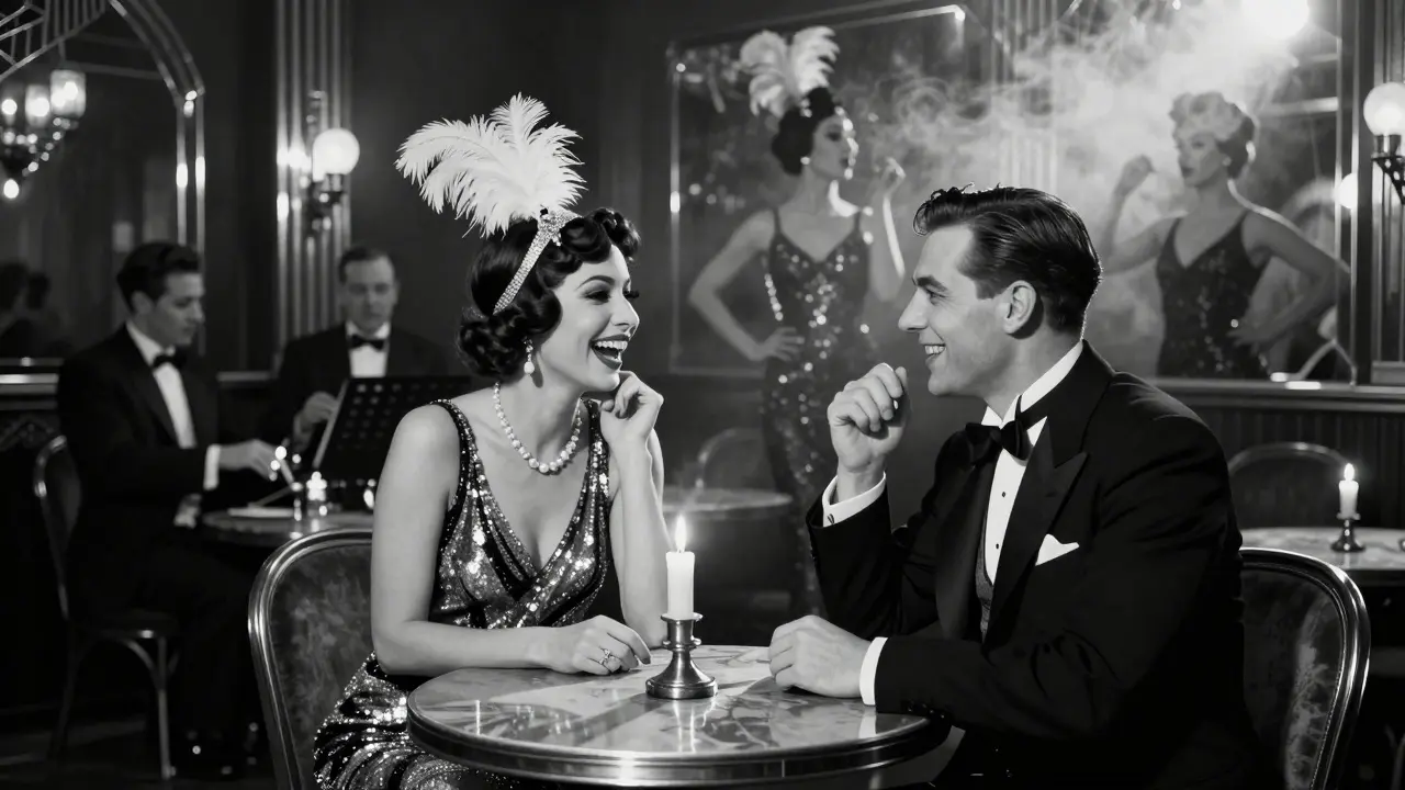 1920s Berlin cabaret scene with a glamorous woman and client at a candlelit table, jazz band playing nearby.
