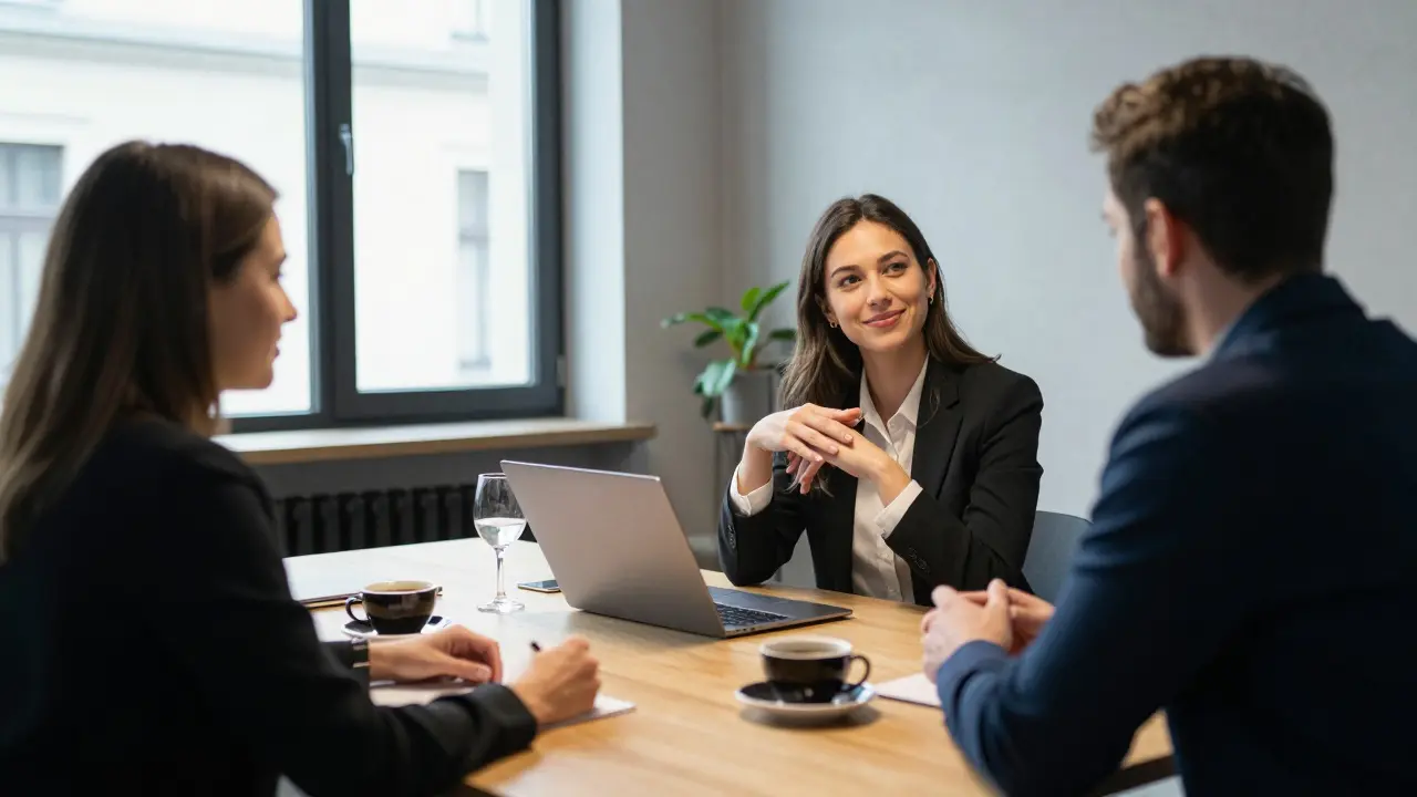 A business meeting in a Berlin startup office, where a companion sits calmly beside a client, enhancing the atmosphere of trust and professionalism.