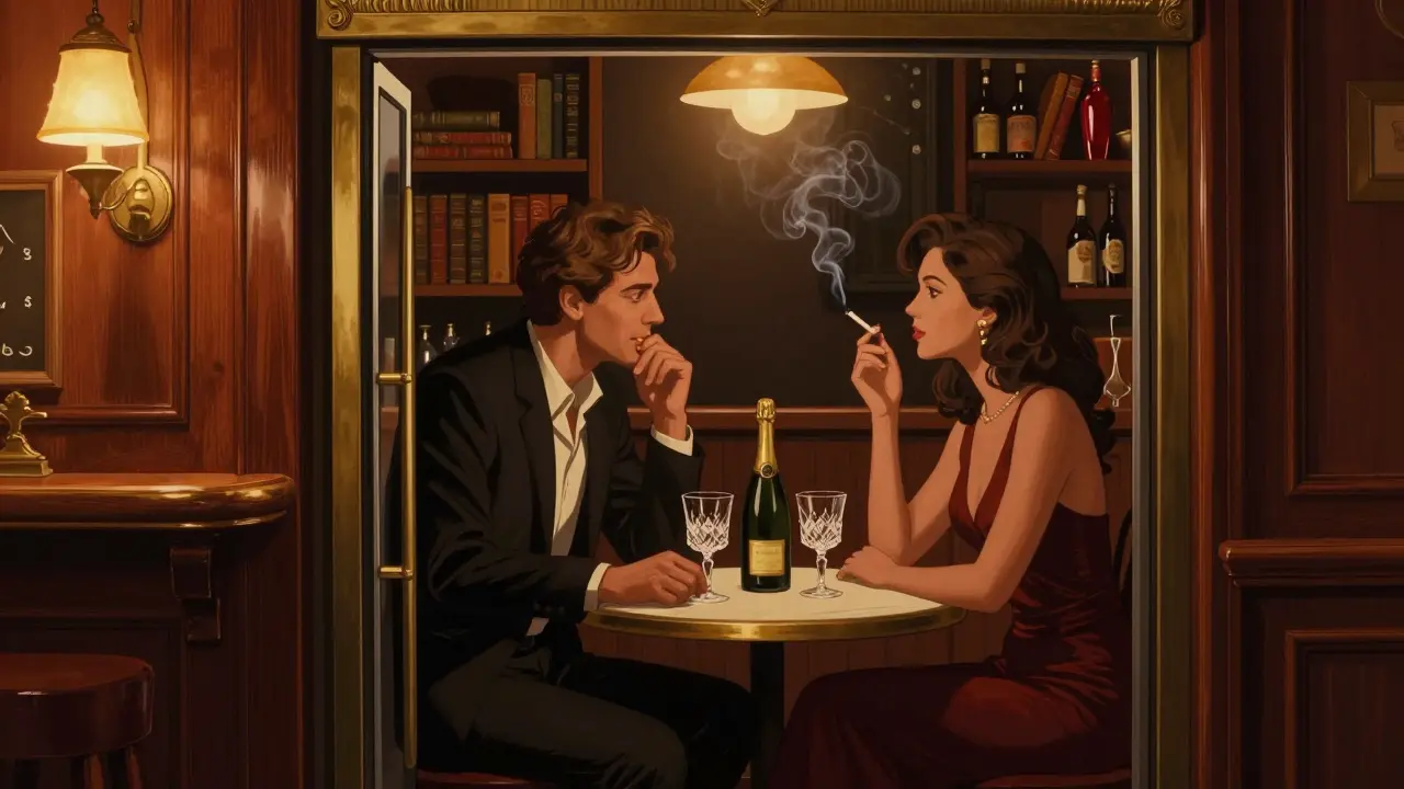 A couple enjoys champagne in a hidden speakeasy bar with warm lighting and vintage decor.