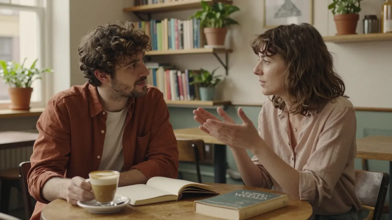 A couple having a thoughtful conversation in a cozy London café surrounded by books and plants.