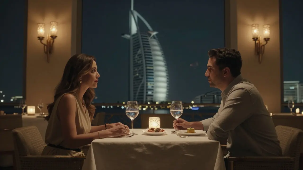 A couple having dinner in a candlelit private room with Burj Al Arab visible through the window.
