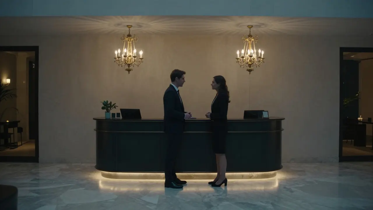 A discreet meeting in a luxurious Paris hotel lobby, two figures interacting calmly under soft lighting.
