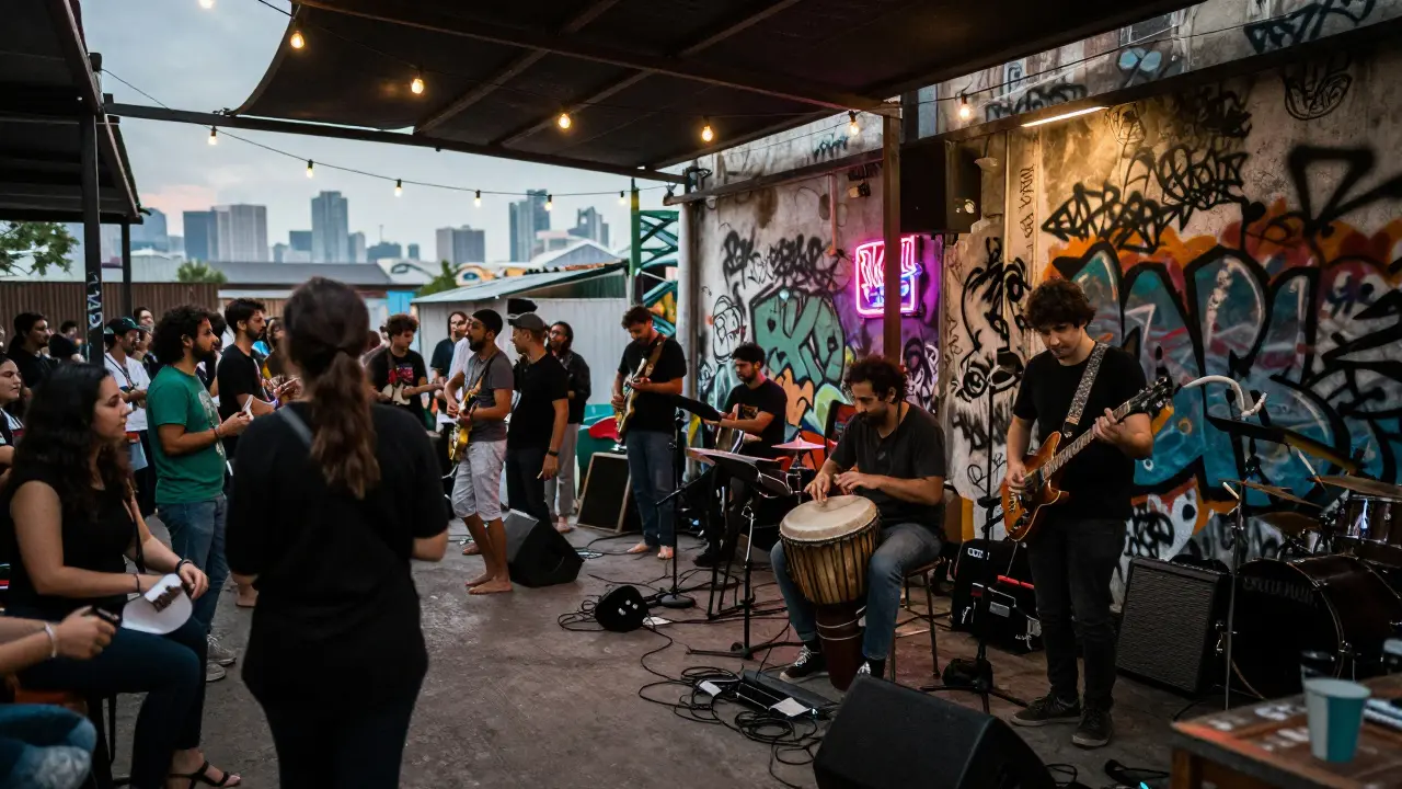 A diverse crowd gathers at an open-air warehouse venue for an experimental live band performance.