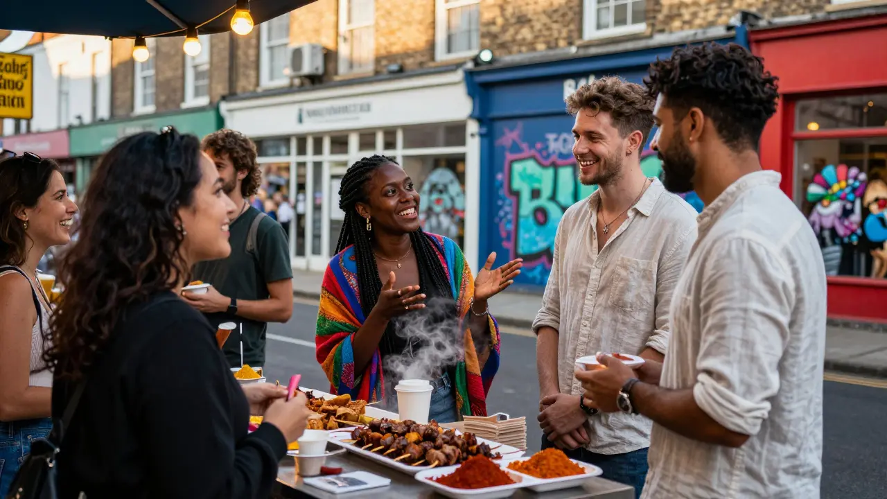 A diverse group enjoying street food in Brixton, laughing together under golden evening light.