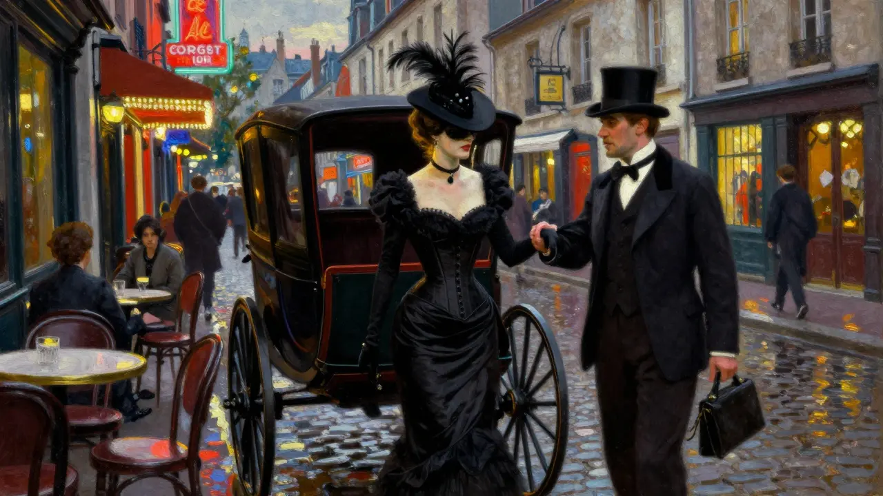 A glamorous woman exits a carriage in 19th-century Montmartre under gaslit streetlights.