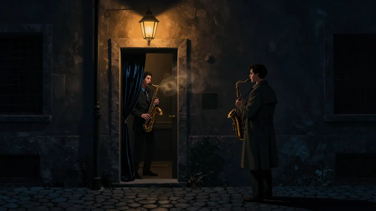 A hidden jazz club in Brera's alleyway with velvet curtains and a saxophone's golden light spilling out.