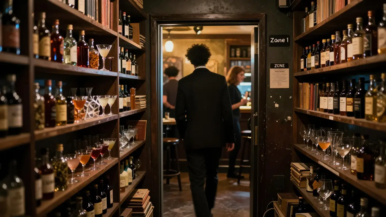 A hidden speakeasy behind a refrigerator door, lit by warm amber light with books and cocktails inside.