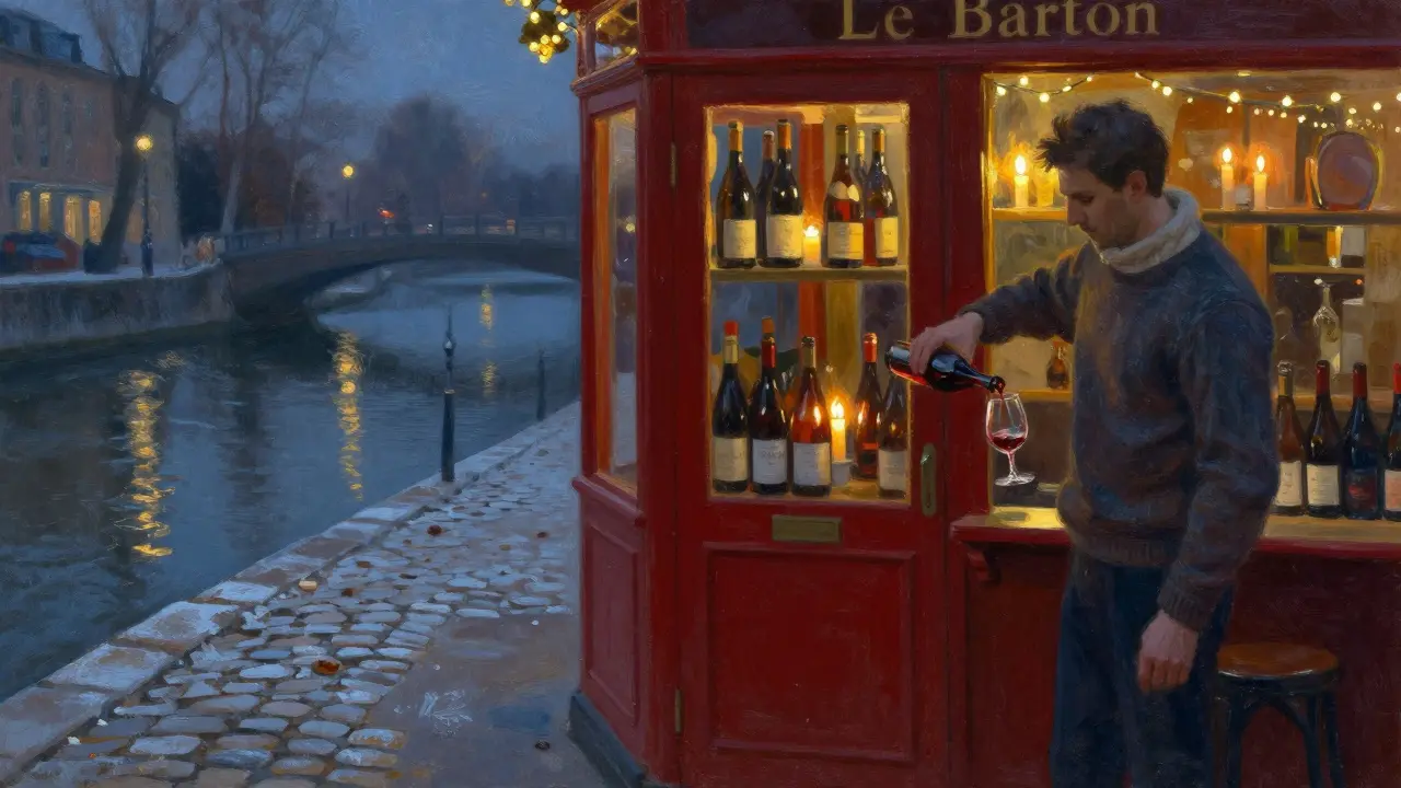 A hidden wine bar with a red door beside the Canal Saint-Martin, lit by candles and string lights.