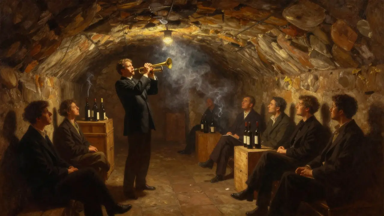 A jazz cellar with a trumpet player under a spotlight, listeners in silent awe, smoke drifting through the air.