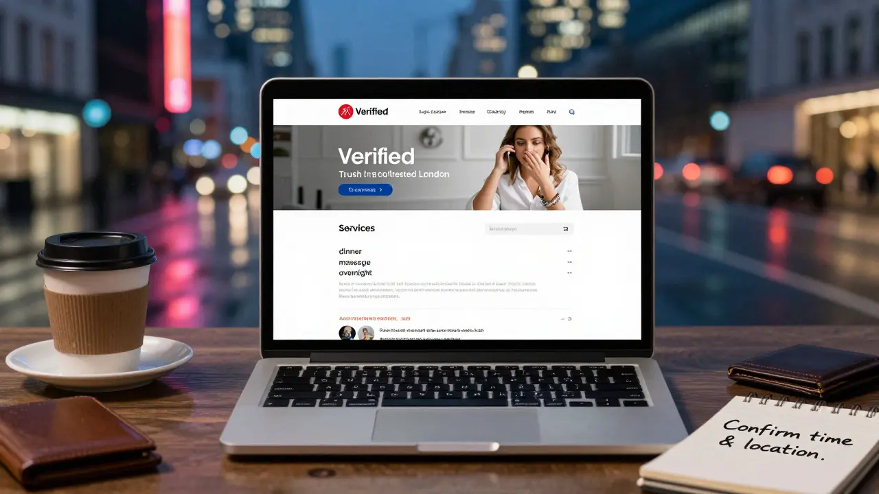 A laptop showing a verified London escort profile with reviews and booking details.
