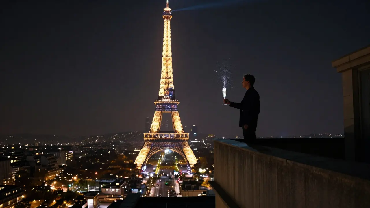 A lone person on a rooftop balcony overlooking the sparkling Eiffel Tower at midnight.