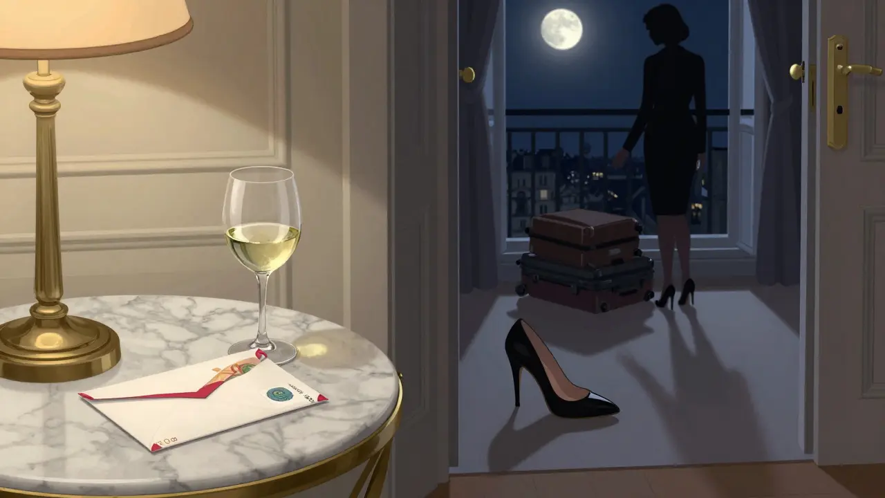 A luxury hotel room at night with euros on a table, a high heel by the door, and a silhouette packing a suitcase.