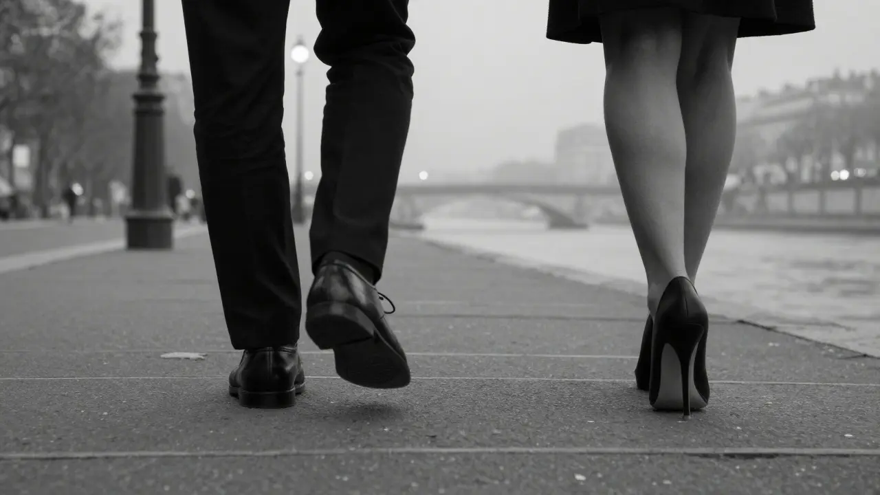 A man's dress shoe stepping away from a woman's stiletto on a foggy Paris sidewalk, paths diverging.