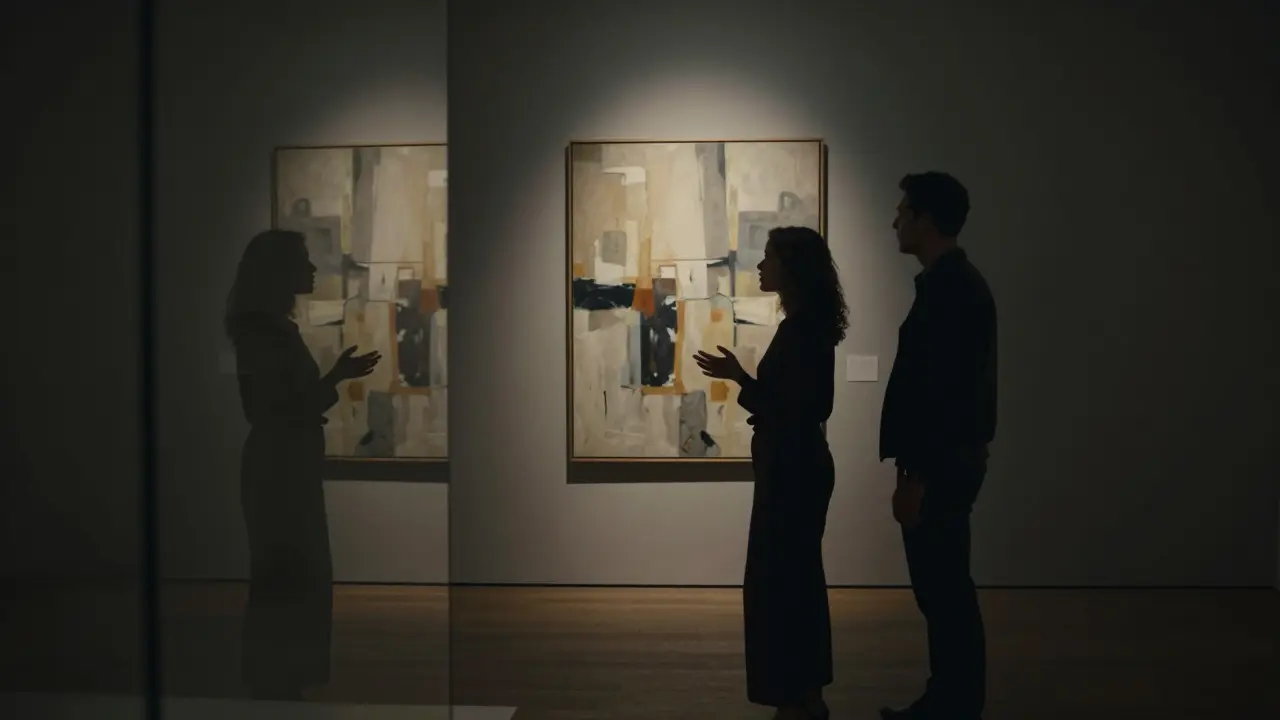 A man and woman standing before an abstract painting in a gallery, softly lit, deep in conversation.
