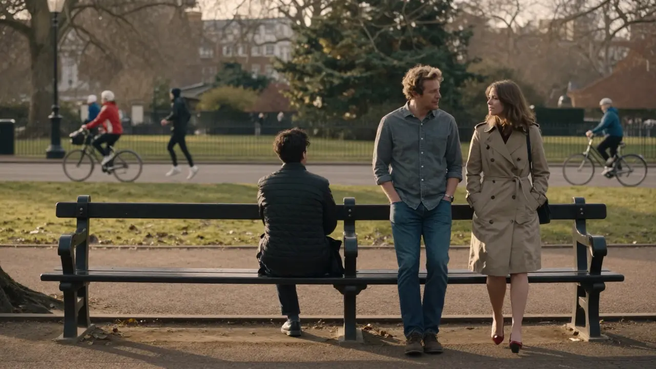 A man and woman walking peacefully side by side on a bench in Hyde Park at sunset.