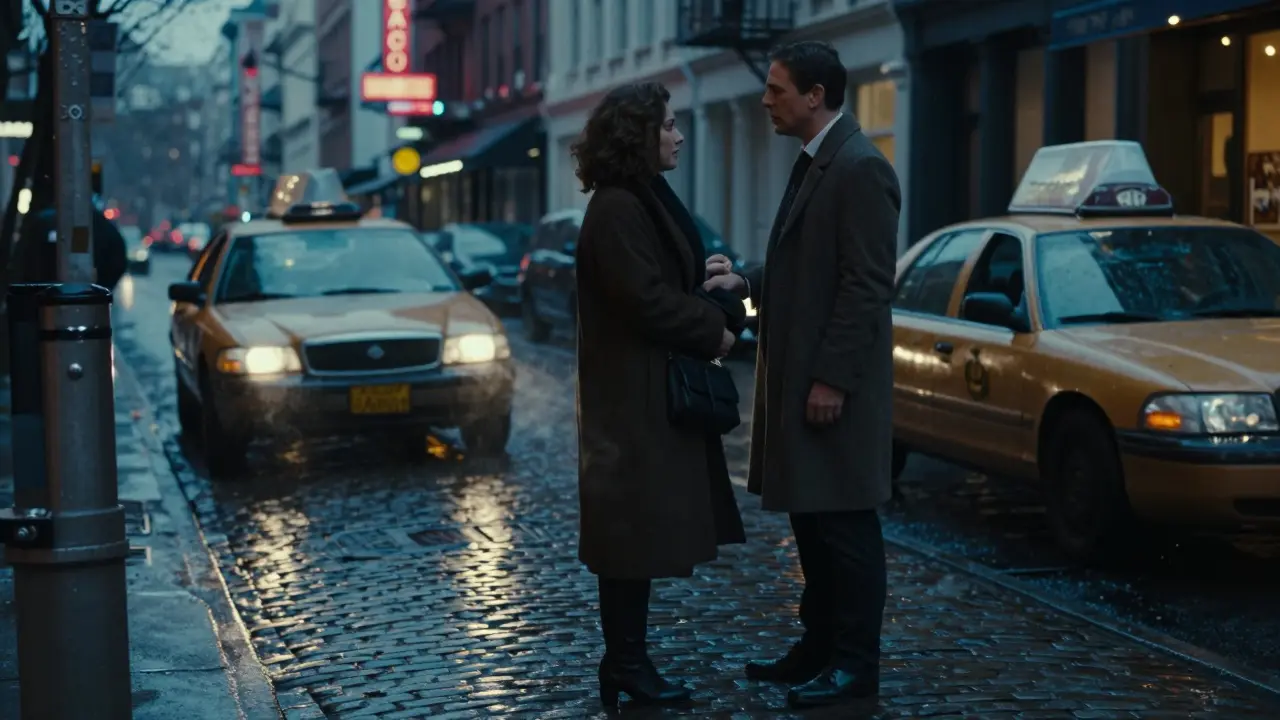 A man handing a coat to a woman on a rainy Soho sidewalk at night, taxi waiting nearby.