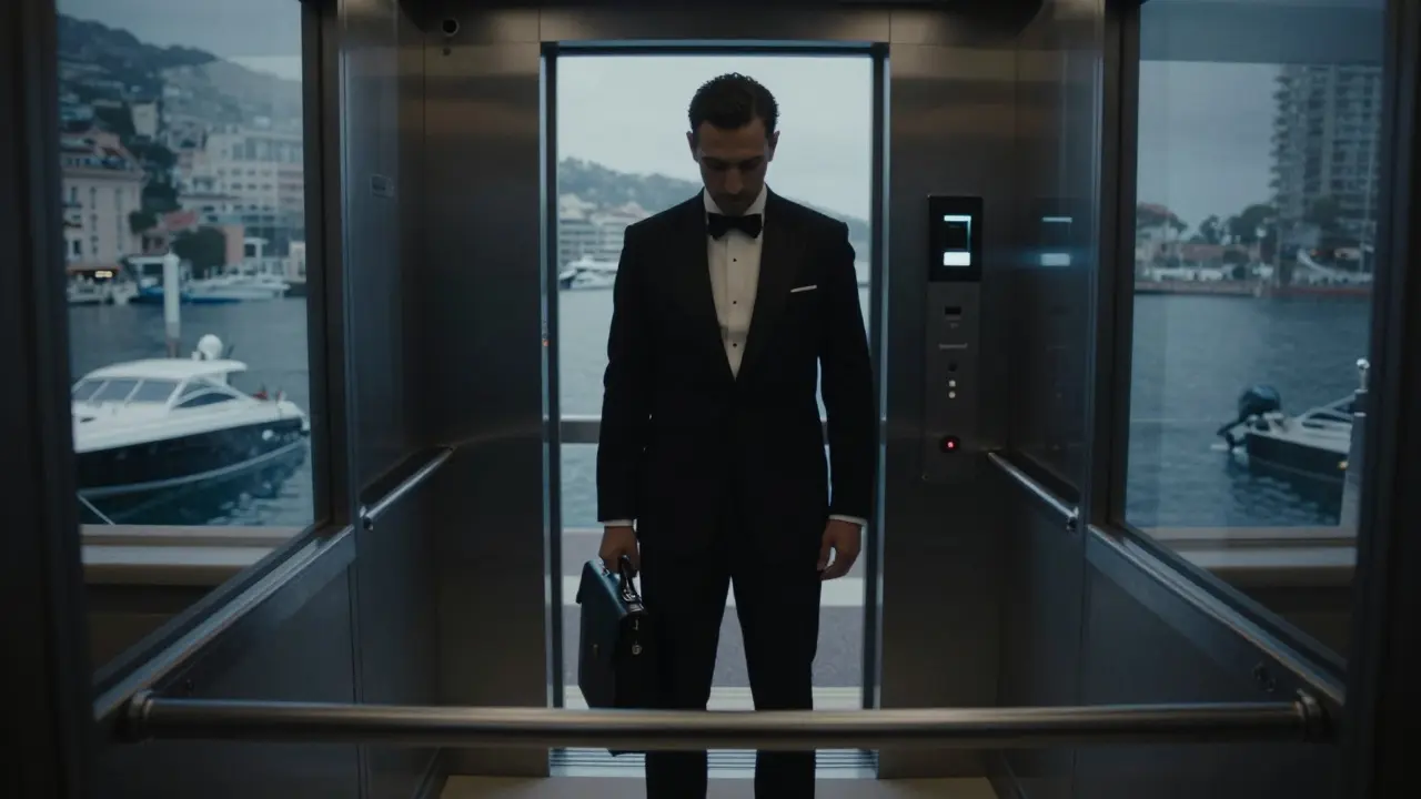 A man in a black tuxedo in a private elevator at dawn, fingerprint scanner glowing, speedboat waiting below.