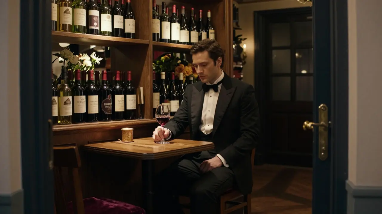 A man in a tuxedo sipping wine in a hidden bar behind a flower shop, shelves lined with vintage bottles.