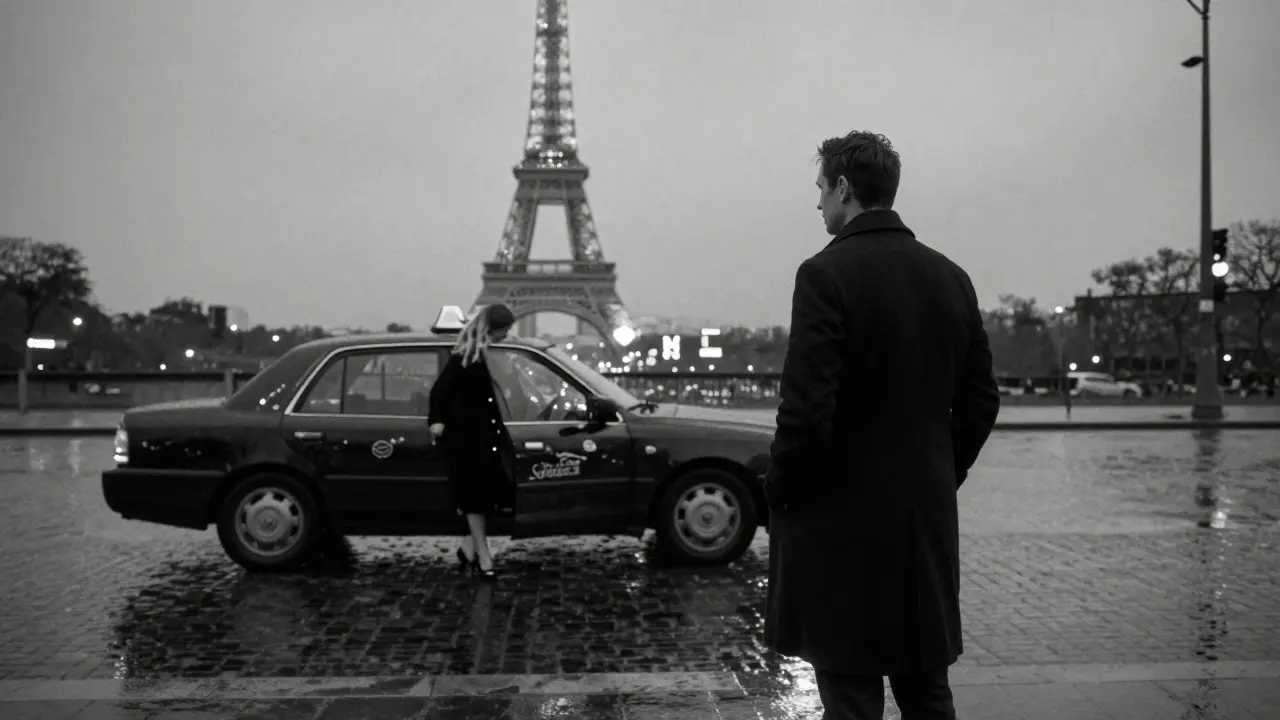 A man watches a woman enter a taxi at dusk, standing respectfully at a distance in the quiet Paris night.