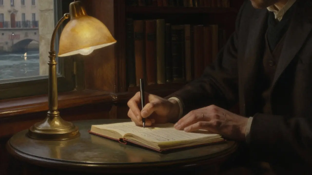 A man writes in a notebook at a historic Paris café, warm lamplight illuminating the moment.