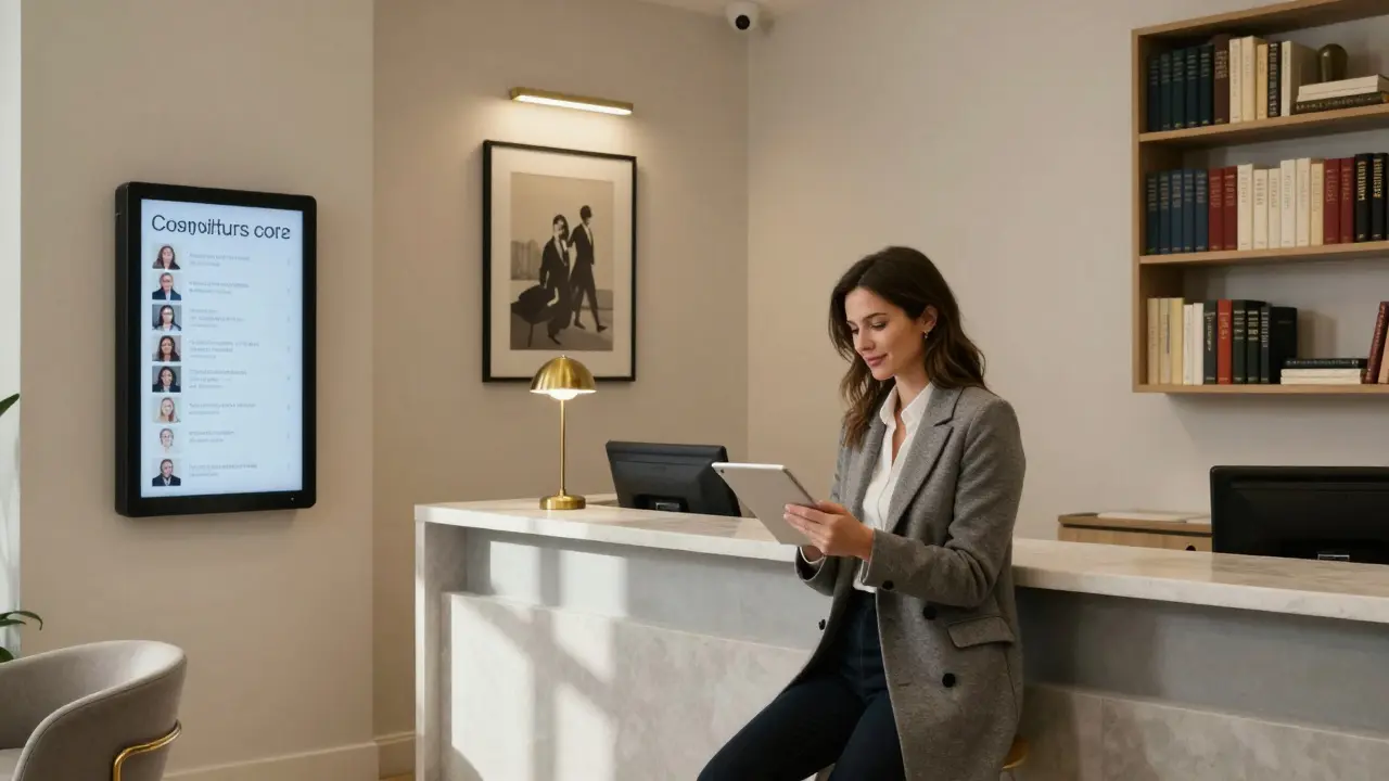 A modern companionship agency office in Paris with digital profiles and calm professional atmosphere.