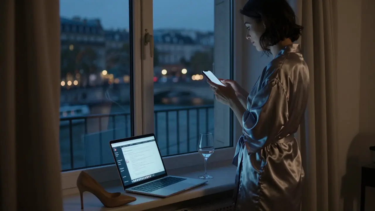 A modern escort types a private message in a Paris apartment at night, city lights visible through the window.