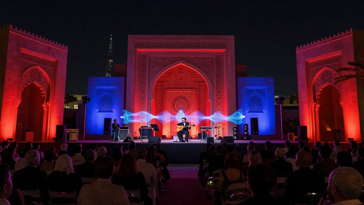 A musician performs Middle Eastern fusion music on stage at Dubai Opera under colorful night lights.