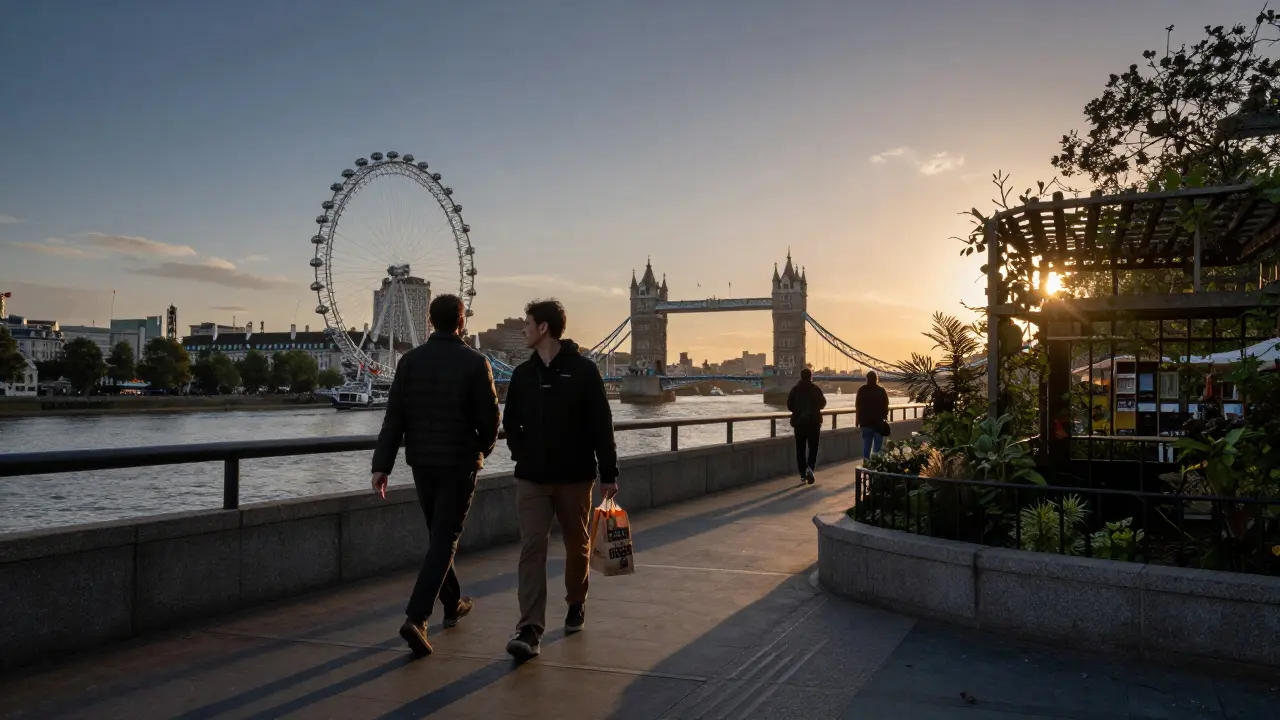 A pair walking along the Thames at sunset, landmarks visible in the distance, bookshop bag in hand.